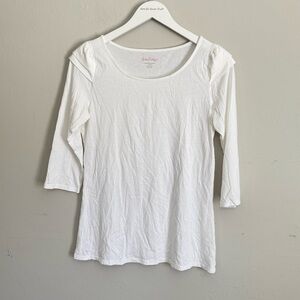 LILLY PULITZER Women’s White Jersey 3/4 Sleeve Ruffle Shoulder Tee Top Size L